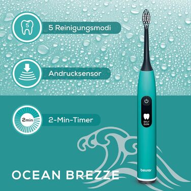 Електрична зубна щітка Beurer SC 50 з 5 режимами чищення та датчиком тиску, 80 000 коливань, дисплей, 2 насадки (Ocean Breeze)