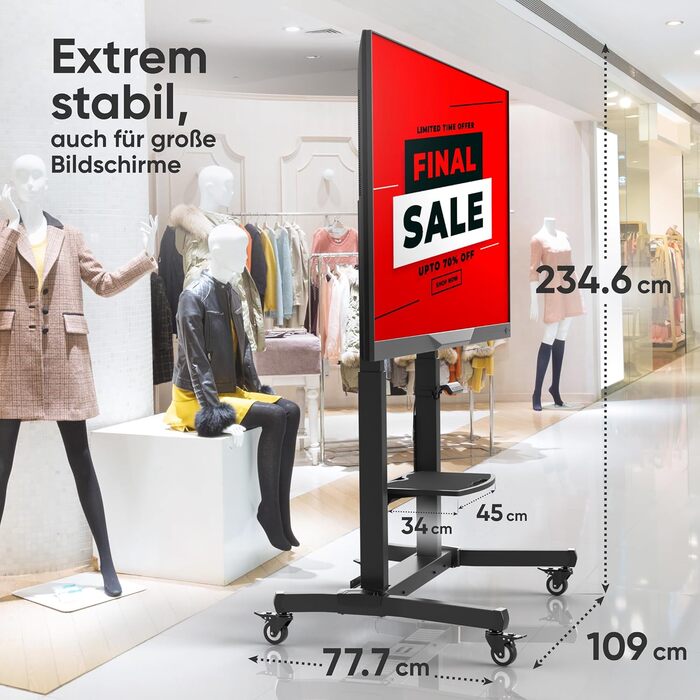 ONKRON Electric TV Stand with Wheels - Adjustable Height, 50-100 Inch TVs, 130kg Capacity, VESA 1000x600 - Black