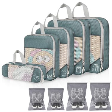 Органайзер для валізи, набір Packing Cubes (9 шт.) з компресією та чохлом для взуття, сірий. Водонепроникні та дихаючі кишені для подорожей та переїзду.
