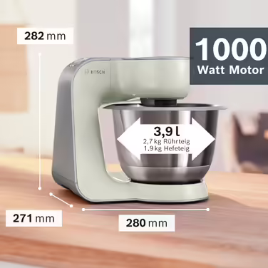 Bosch Kitchen Machine Series 4 MUM58L20, Stainless Steel Bowl 3.9 L, Mixer 1.25 L, Planetary Mixer, Dough Hook, Beater and Whisk Stainless Steel, Food Processor with Through-Feed, 3 Discs, 1000 W, Grey/Silver Grey / Silver
