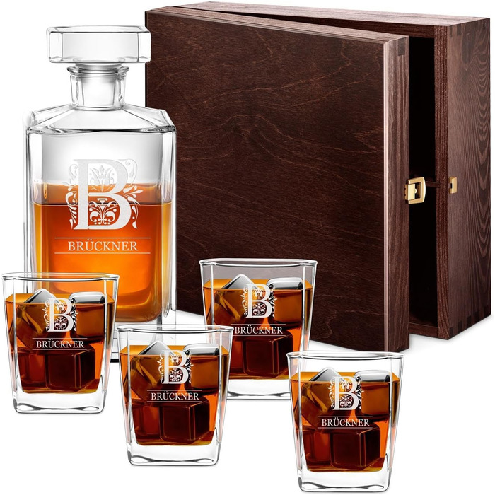 Maverton Whiskey Decanter + Set of 4/6 Whiskey Glasses with Engraving - 700ml Whiskey Decanter - for Christmas - Birthday Gift for Women - Letter