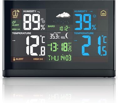 Brandson Weather Station with Color Display - with Outdoor Sensor - DCF Radio Clock Reception Signal - Indoor and Outdoor Temperature - Relative Air Pressure - Barometer - Temperature Trend – Light Sensor - LCD Display