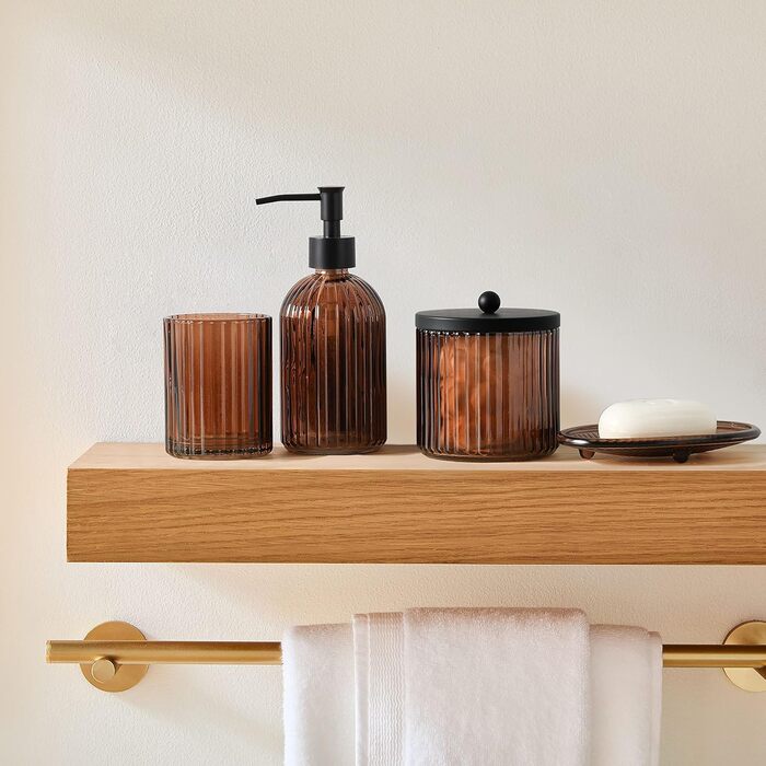 4-Piece Heavy Glass Bathroom Accessories Set with Decorative Embossed Pattern – Includes Soap Dispenser, Cup, Soap Dish, and Toothbrush Holder (brown)