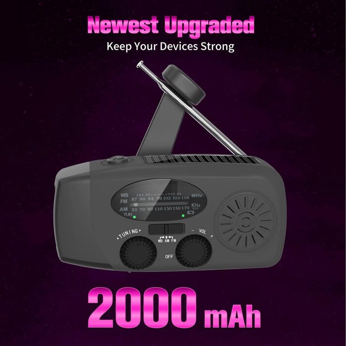 Радіо Solar Radio на сонячній енергії з ручним генератором, AM/FM, аварійне радіо з повербанком 2000mAh, LED ліхтарик, USB зарядка для телефону, чорне - для кемпінгу та активного відпочинку