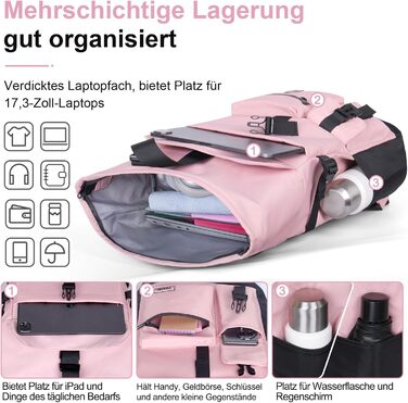Roll-top Backpack Waterproof, 27L Large Backpack Men Women, School Backpack with 17.3 Inch Laptop Compartment, Travel Backpack Hiking Backpack for Business Work College Travel Leisure (Pink)