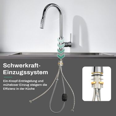 Змішувач кухонний з висувною лійкою та душем, 360° поворот, 2 режими, нержавіюча сталь (хром)