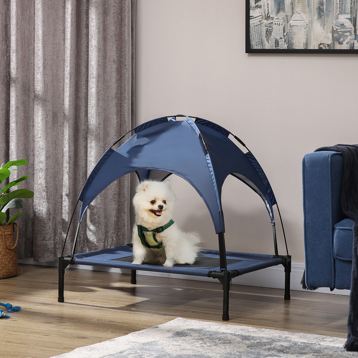 PawHut Outdoor Pet Bed with Canopy, Elevated, Mesh Fabric, UV Protection, Dark Blue, for Medium-Sized Dogs