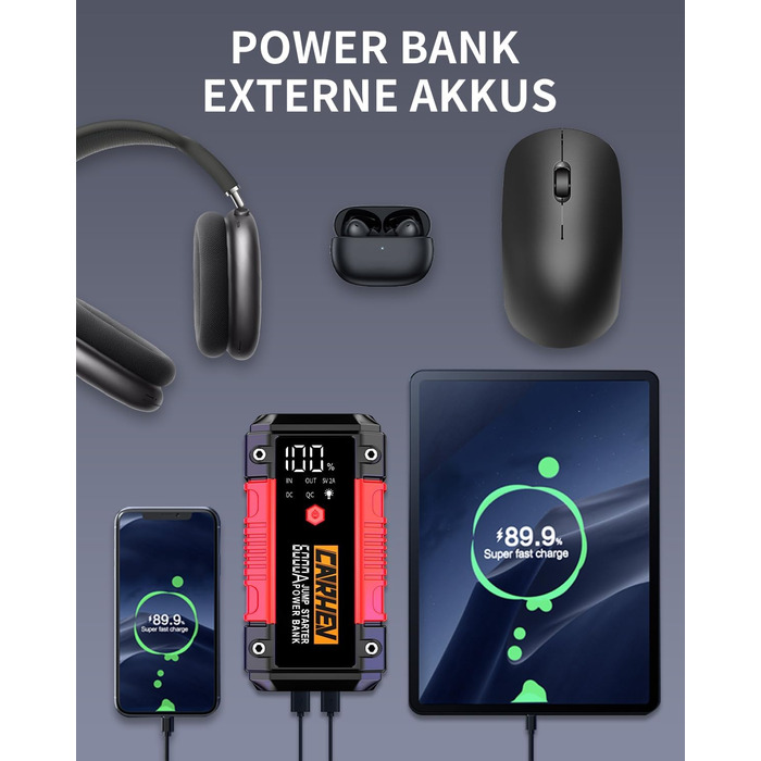 Портативний пусковий блок StarThilfe Powerbank для автомобіля, 6000A, 12V, для бензинових та дизельних двигунів до 10L, з LED ліхтариком