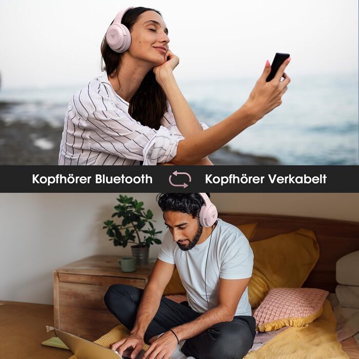 Бездротові навушники DOQAUS Bluetooth з тривалим часом роботи (70 год), Over-Ear, Bluetooth 5.4, Hi-Fi стерео, 3 режими EQ, для подорожей/телефону/ПК (Рожеві)