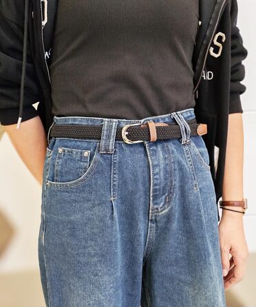 Еластичний жіночий/дівчачий ремінь 2.5 см, плетений, для джинсів та суконь, 2 шт. (Чорний/Сірий) M/91/96 см