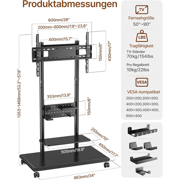 Підставка для телевізора на колесах, 50-90 дюймів, до 70 кг, регульована висота та нахил, з полицями, VESA 600x400 мм