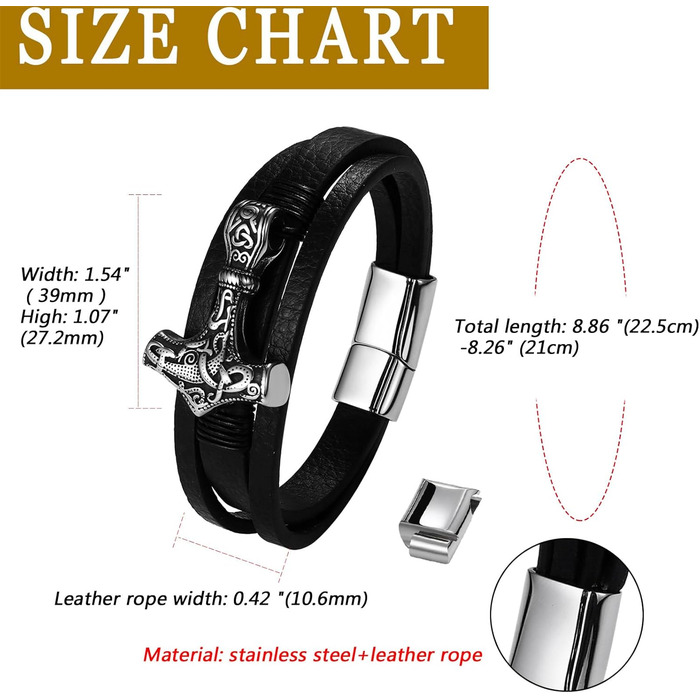 Чоловічий браслет Flongo з плетеного шкіряного шнура, стилізований під молот Тора (мультяшний молот), вікінзький браслет, регульований, з застібкою, амулет, подарунок для чоловіків
