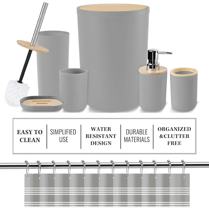 Набір аксесуарів для ванної кімнати Britimes, сірий: душова завіса, відро, дозатор мила, тримач для туалетного йоржика, тримач для зубних щіток та стаканчик для зубних щіток
