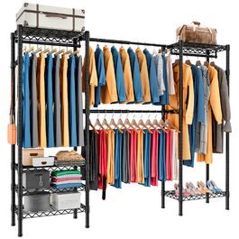 Adjustable Clothes Rack, Heavy Duty Metal Clothing Rack with Hanger Bar & Hooks - 70.3-89.8
