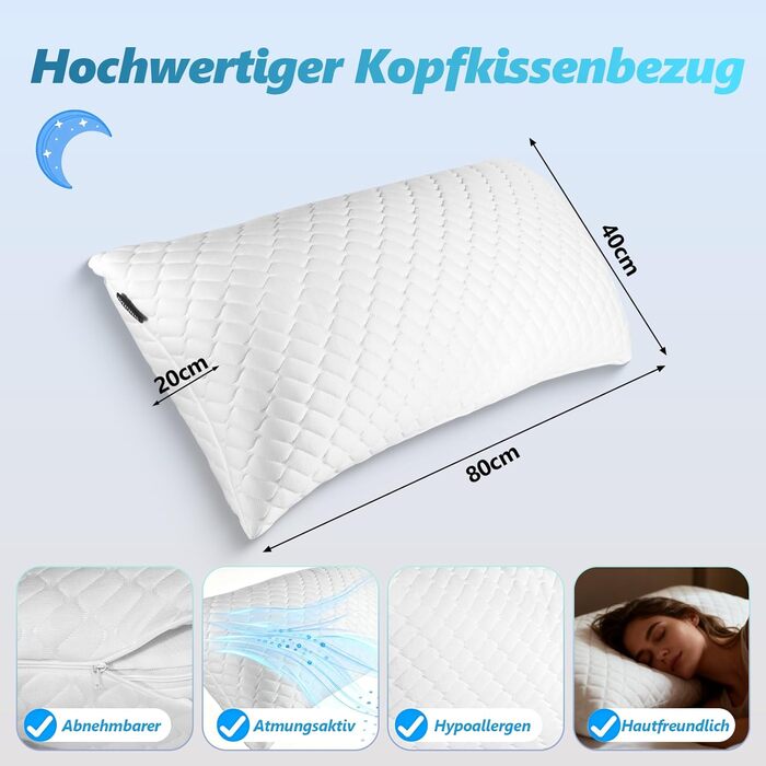 Подушка з піни Memory Foam для сну, охолоджуюча, ортопедична для сну на боці, біла, 40x80 см