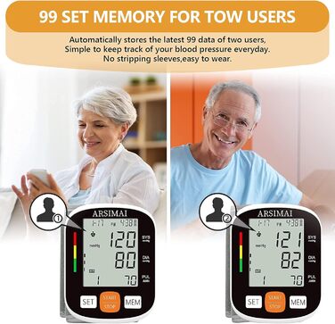 Автоматичний тонометр на зап'ясті: регульована манжета + 2 батарейки AAA та сумка для зберігання – детектування нерегулярного серцевого ритму, пам'ять на 99 вимірювань, великий LCD-дисплей, білий/синій (чорний)