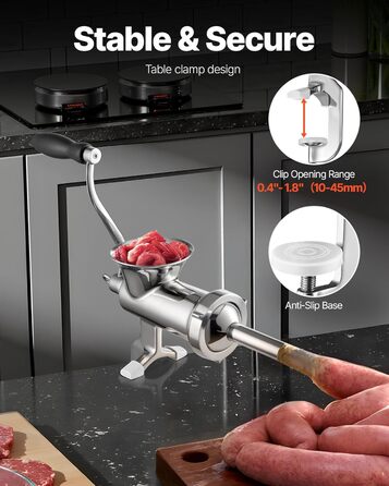 М'ясорубка ручна VEVOR з нержавіючої сталі, з присоскою та насадками для ковбас (38 см)