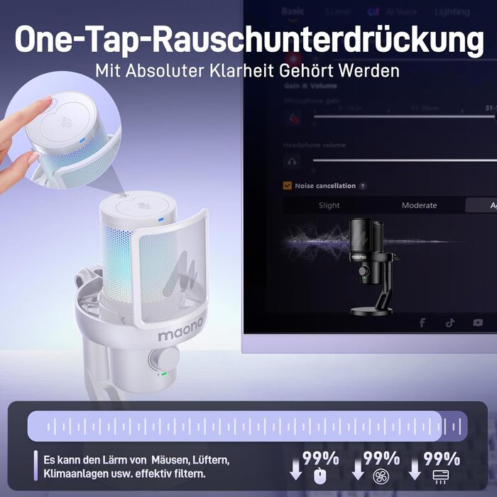 MAONO DM40 Бездротовий мікрофон для ПК з RGB підсвічуванням та ШІ-зміною голосу, 3-рівнева шумозаглушення, для геймінгу, подкастингу та стрімінгу