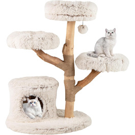 Дерев'яний кігтетопор для котів Costway 87 см з гамаком, мотузкою з сизалю та плюшевими сидіннями. Двохстовпчастий кігтетопор-вежа з джутовими стовпчиками, масивне дерево, білий колір.