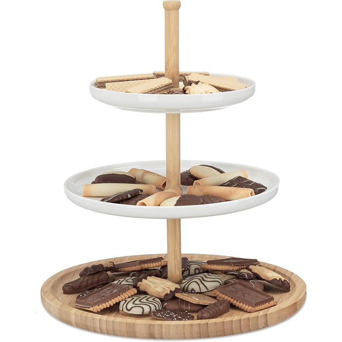 Relaxdays Bamboo and Ceramic Tiered Serving Tray, 3-Tier, DxH: 30 x 36 cm (Diameter x Height) for Cookies, Fruit, Snacks, natural white