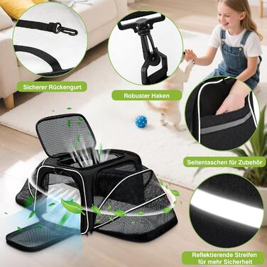 Розширювана переноска для котів та маленьких собак ALLSOPETS, м'яка переноска з 2 розширеннями, виймається флісове ліжко та кишені (Сірий & Зелений) (Чорний & Білий)