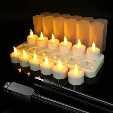 Ymenow Набір із 12 перезаряджуваних електричних LED чайних свічок з базою для зарядки, USB, мерехтливий ефект, для декору кімнати, Хелловіну, Різдва, весілля