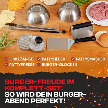Набір для приготування Smash Burger від BERGVIBES (6 предметів) з нержавіючої сталі: прес, ложки, прес для планки, лопатка, щипці, спресер