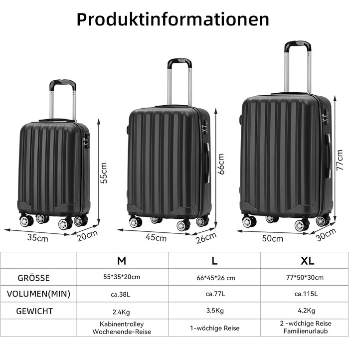 BEIBYE TSA Lock 2080 Twin Rollers 3-Piece Travel Suitcase Set Luggage Set Trolley Trolleys Hard Shell (Black)