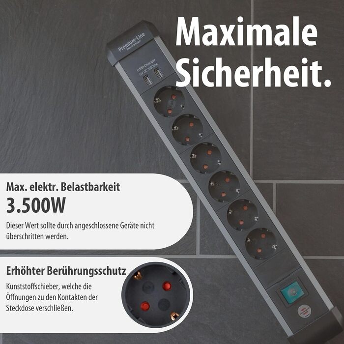 Мережевий фільтр Brennenstuhl Premium-Alu-Line на 6 розеток з USB (3.1A), 3м, алюмінієвий корпус, з вимикачем, Made in Germany