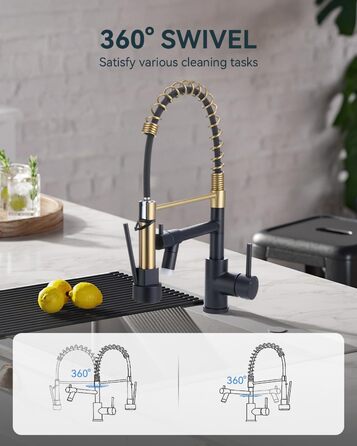 Кран кухонний LED Warmiehomy професійний, 360° поворотний, з двома виливами, високий вигин, спіральна пружина, для мийки, брашований нікель (чорний та золотий)