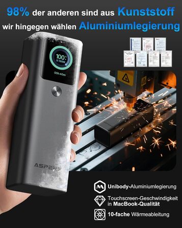 Power Bank AsperX 20000mAh 165W з USB-C кабелем, сумісний з MacBook, Dell, HP, Lenovo, iPad, iPhone, Galaxy