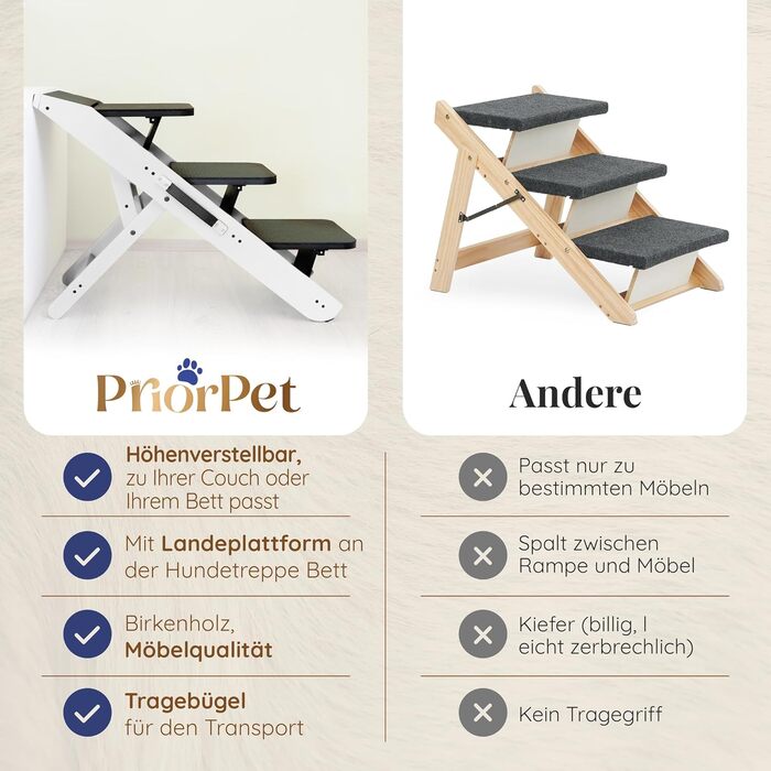 Сходинка для собак на ліжко та диван 2-в-1 - регульована пандус для собак, 18-50 см - для маленьких собак, легка у переміщенні, з платформою, натуральне дерево (білий дуб)