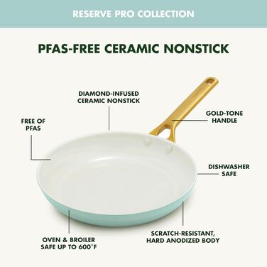 GreenPan Reserve Pro сковорода з антипригарним покриттям, 20.3 см, кераміка, без PFAS, нержавіюча сталь, для плити та духовки, блакитний колір