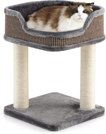 COSTWAY Cat Tree Small, Cat Tree with Large Plush Seat, Wooden Cat Scratching Post, Cat Cat Furniture Climbing Tree, Activity Tree Play Tree, Natural Sisal Tower with Scratching Posts (Gray)