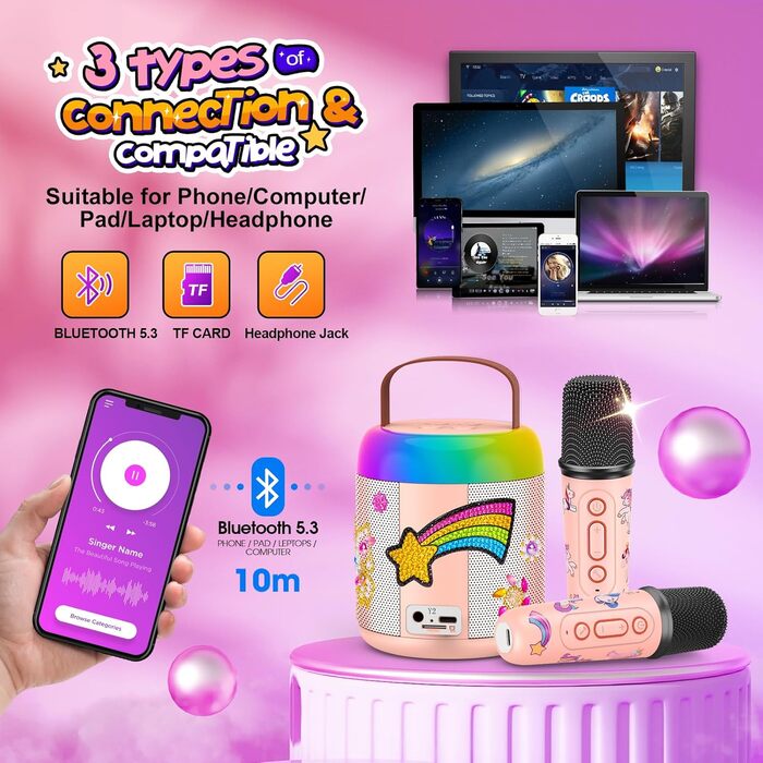 Караоке машина для дітей з 2 мікрофонами, рожева, єдиноріг, 3-12 років