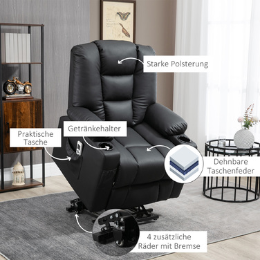 HOMCOM Massage Chair, Recliner with Rise Assist, TV Chair with USB Port, with Reclining Function, Wheels, Remote Control, Up to 150 kg, Black | Aosom