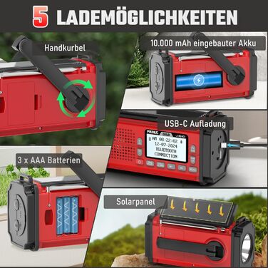 Радіоприймач PRUNUS J-924D: Цифрове DAB+/UKW радіо, радіоприймач для надзвичайних ситуацій з акумулятором 10000mAh, Bluetooth, ліхтарик, SOS-сигнал, зарядка для телефону. (Зелений/Червоний)