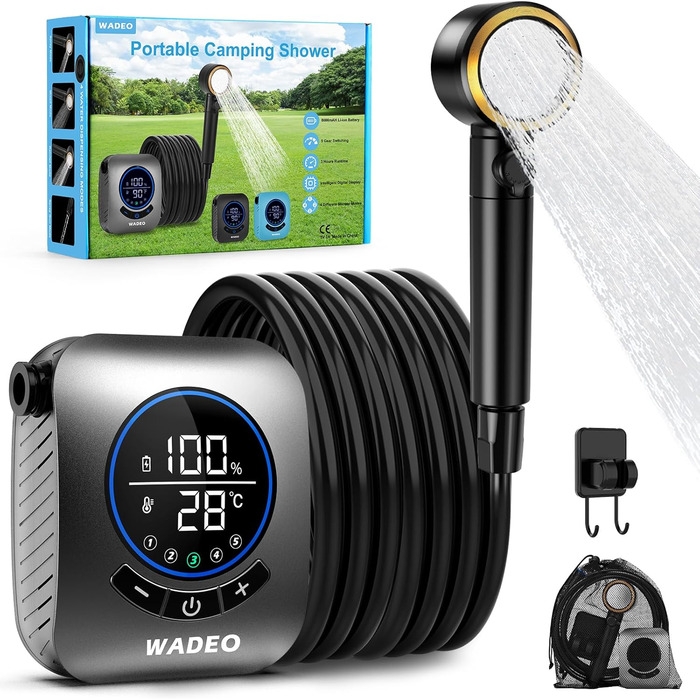 WADEO Portable Camping Shower with Battery and Pump, Camping Shower with Rechargeable 6000/8000mAh Battery, Mobile Showers Outdoor Showers with Showerhead and Hose, for Camping, Travel, Garden, Car Washing (Silver, 8000mAh battery)