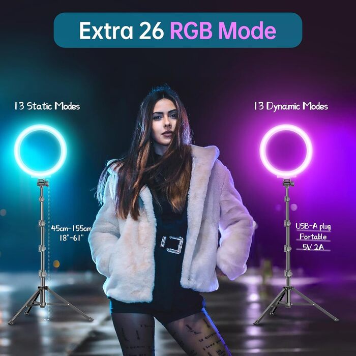 MICCYE кільцева лампа з штативом 10 дюймів RGB, загальна висота 180 см, для відео, макіяжу, фотографії