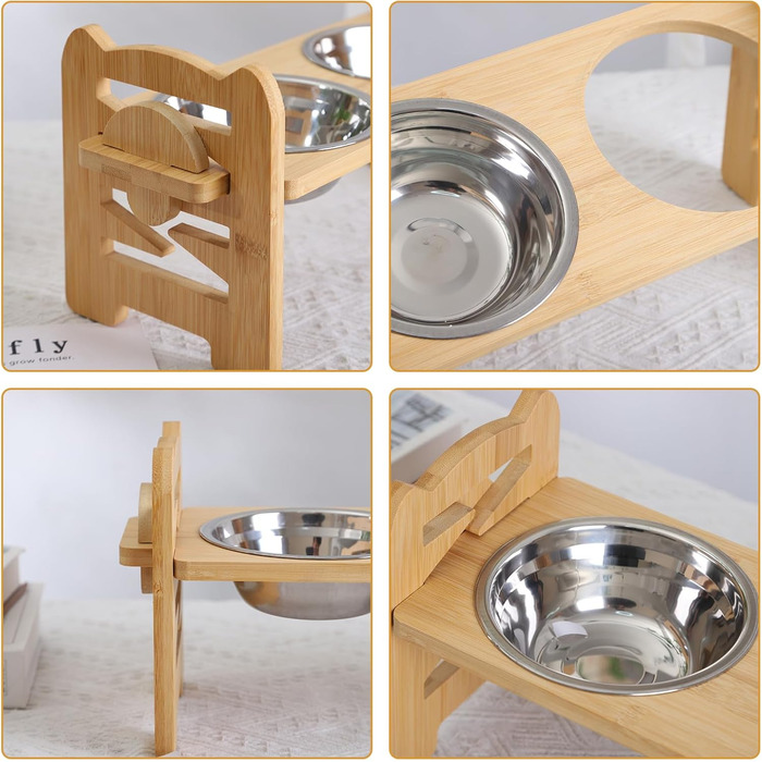 Підвищена годівниця для собак з бамбука з регулюванням висоти, 2 миски з нержавіючої сталі, нахилена годівниця для собак та котів, міцна