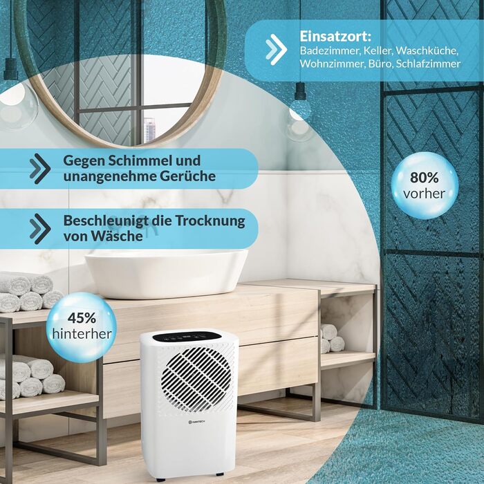 HANTECH Dehumidifier 10 Liters/Day Room Size 16m² Model: TECH10 - Timer, Anti-Mold and Humidity, Dry Laundry, Electric, Basement, Bathroom, Kitchen