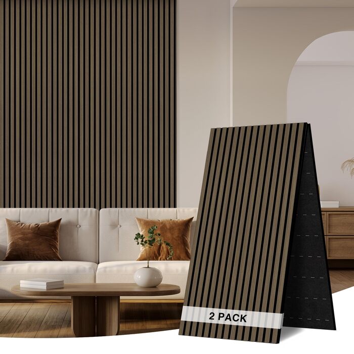 Акустичні стінні панелі з натурального шпона Темний дуб, 240x60 см (набір 2 шт), звукопоглинаюча обробка стін для дому, офісу та студії