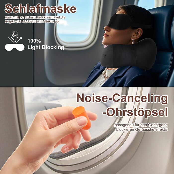 Подушка для шиї в літак та авто з ефектом пам'яті (Memory Foam), набір для подорожей зі маскою для сну, берушами та сумкою, чорна