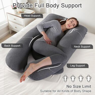 Вагітний подушок U-подібної форми SHANNA, подушка для сну на боці, подушка для годування, бавовняний чохол, велика подушка для підтримки, комфортна подушка для дорослих, подушка для тіла, бавовна, чорний колір, 70 x 145 см