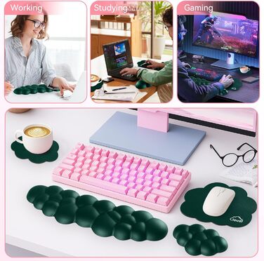 Набір підставок для зап'ясть Sushret з ефектом пам'яті (Cloud): ергономічна підкладка під клавіатуру TKL та килимок для миші, протиковзні, для геймінгу та офісу, темно-зелені