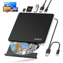 Зовнішній DVD-привід BUNUD USB 3.0: CD/DVD гравір та плеєр з картридером SD/TF для Windows 11, Mac, MacBook Pro Air, PC, ноутбука, чорно-білий