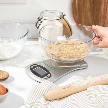 Кухонні ваги Salter зі чашею - ваги для кухні, з мірною чашею, 5 кг, LCD-дисплей, нержавіюча сталь, для випічки та приготування їжі (1.8л)