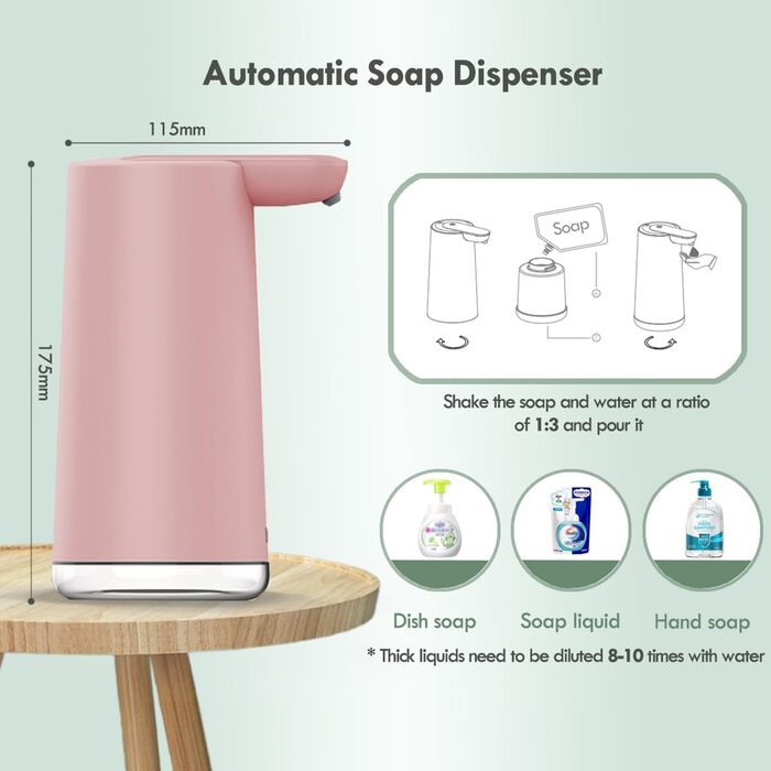 Frohsun Automatic Soap Dispenser - Rechargeable, Touchless, 350ml, IPX7 Waterproof, 2 Foam Settings, Motion Sensor for Kitchen, Bathroom & Hotel (Pink)