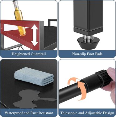 Регульована полиця для мікрохвильової печі, 3-рівнева розширювана стійка, органайзер для кухні з 6 гачками, з вуглецевої сталі, чорний