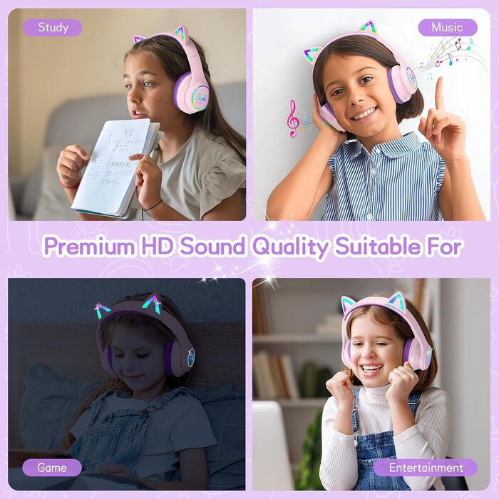 Дитячі навушники LOBKIN Bluetooth Over-Ear з чохлом, бездротові та провідні, для дівчаток, складні, регульовані, для школи та подорожей (рожево-фіолетові)